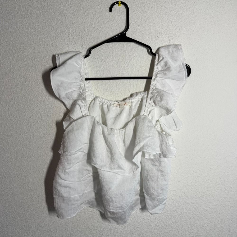 Listicle‎ Cropped Ruffle Tiered Blouse Top Womens Small White Flutter Sleeve